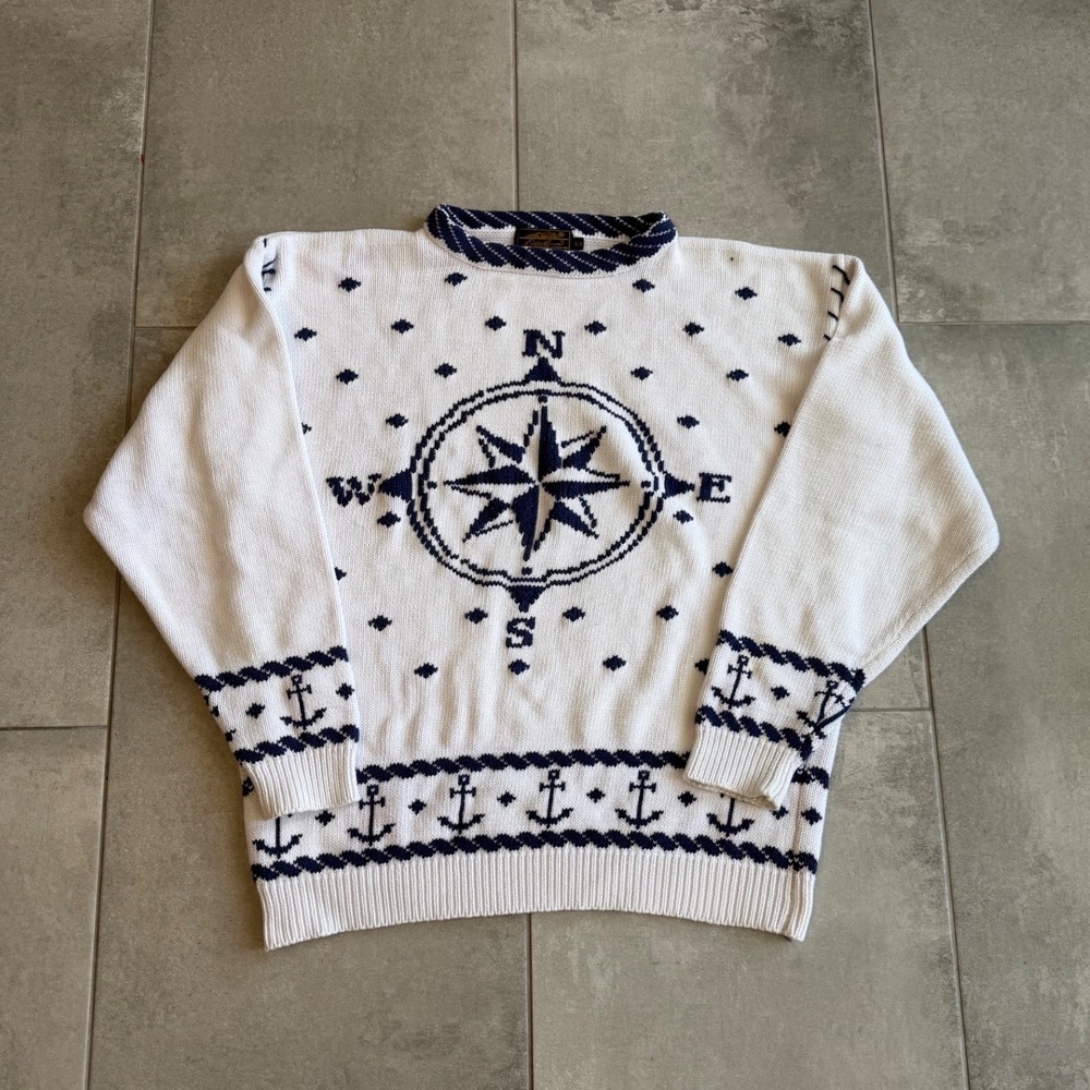 Vintage Eddie Bauer Compass Anchor Nautical Cotton Knit Sweater White Navy L